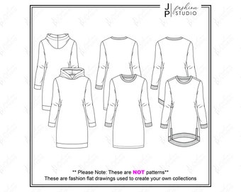 Set of Girls / Women Sweatshirt Dresses (3 Styles) Vector Fashion Flat Sketches / Fashion Technical Illustration Template