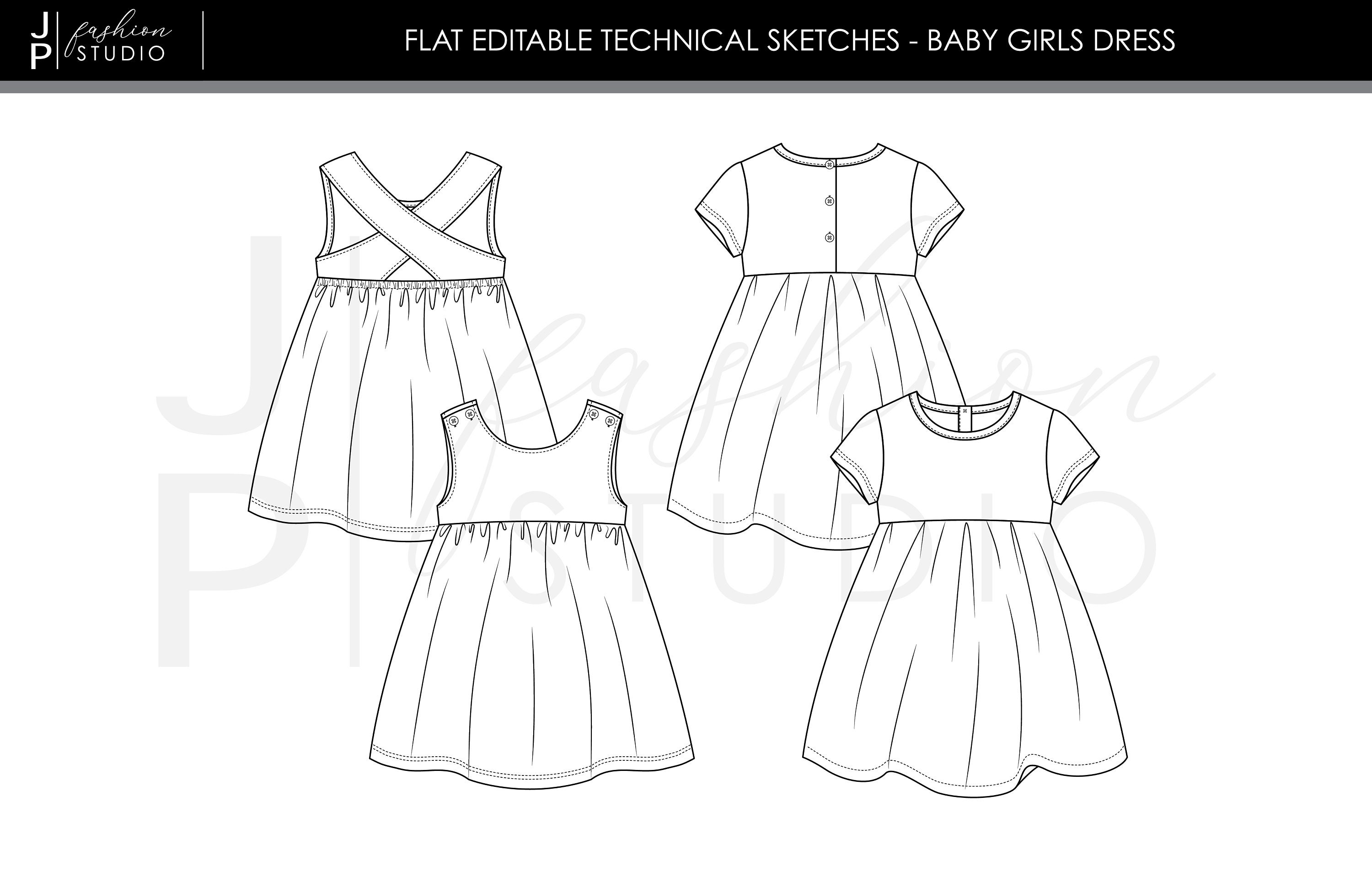 Outline sketch fashion sketch drawing of kids girl frock dress, • wall  stickers fashion, dress, clothes | myloview.com