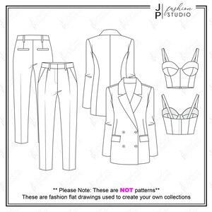 May include: Line drawing fashion illustration of a blazer, trousers, and two crop tops. The text "Please Note: These are NOT patterns" and "These are fashion flat drawings used to create your own collections" is included in the image.