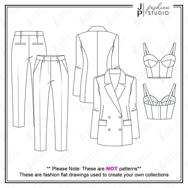 Women Suit Outfit Fashion Flat Sketches / Business casual / Chic Classy Pantsuit Technical Drawings for Adobe Illustrator