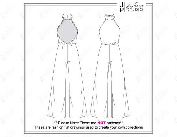 Women Wide Leg Halter Jumpsuit Fashion Flat Sketch Fashion Technical  Drawing High mock neck and halter bodice high-waist jumpsuit