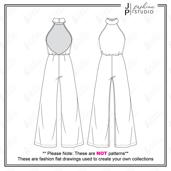 Women Wide Leg Halter Jumpsuit Fashion Flat Sketch / Fashion Technical Drawing / High mock neck and halter bodice high-waist jumpsuit