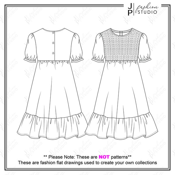Girls Peasant Dress Vector Fashion Flat Sketches / Kids Fashion Technical Illustration Template / Seersucker Detail