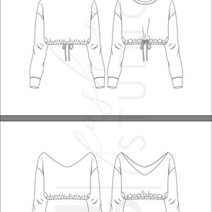 Conjunto de blusas/sudaderas de moda para mujeres 2 estilos Bocetos planos de moda vectorial/Plantilla de ilustración técnica de moda imagen 5