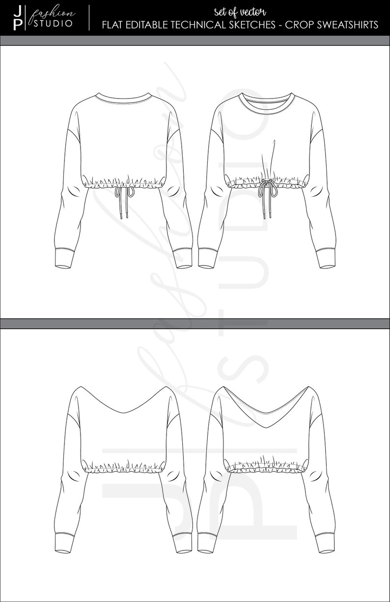 Conjunto de blusas/sudaderas de moda para mujeres 2 estilos Bocetos planos de moda vectorial/Plantilla de ilustración técnica de moda imagen 5