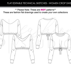 Conjunto de blusas/sudaderas de moda para mujeres 2 estilos Bocetos planos de moda vectorial/Plantilla de ilustración técnica de moda imagen 2