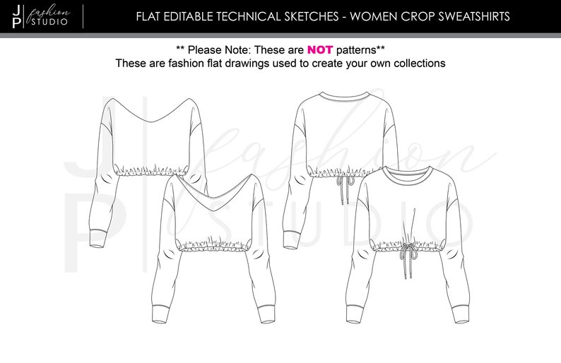 Conjunto de blusas/sudaderas de moda para mujeres 2 estilos Bocetos planos de moda vectorial/Plantilla de ilustración técnica de moda imagen 2