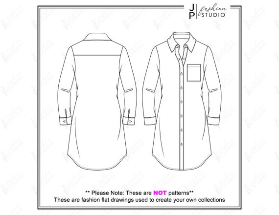 Buy Women Shirt Dress Long Blouse Vector Fashion Flat Sketches