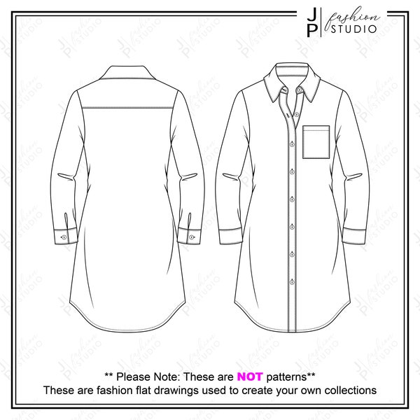 Women Shirt Dress / Long Blouse Vector Fashion Flat Sketches / Fashion Technical Illustration Template