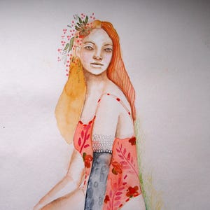 Dipinto originale di donna elegante dai capelli rossi, su carta, disegno originale su taccuino, ritratto romantico di donna dai capelli rossi, dipinto con tecnica mista