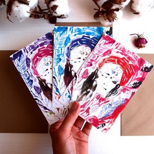 Ensemble de cartes postales vibrantes du troisième œil, carte postale de méditation A6, carte postale spirituelle, femmes méditant avec des yeux fermés mini print
