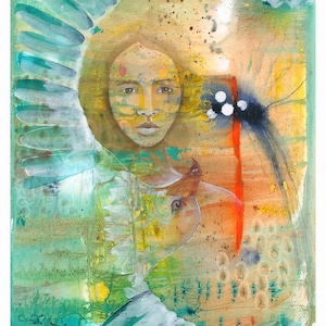 Eagle woman wall art, art print shamanic art, wings of  protection artwork, spirit animal, women portrait