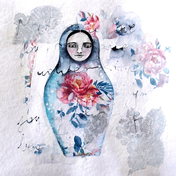 Peinture originale de Matryoshka d’hiver sur papier aquarelle, Babushka russe bleu et rose, portrait de matriochka d’amour et de paix