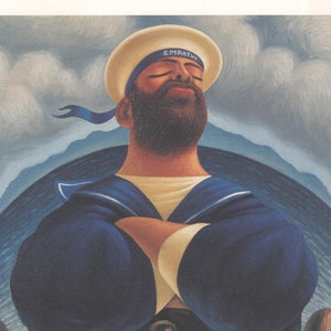 May include: A painting of a sailor with a blue and white striped shirt, a white hat with the word "EMPATHY" written on it, and a blue bandana. He is standing behind a wooden ship's wheel with his arms crossed.