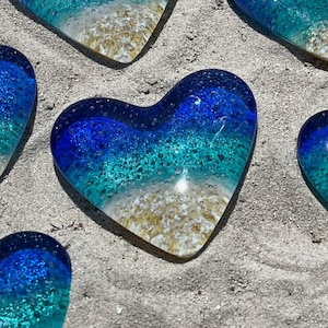 Coeur de plage en verre, coeur de poche, turquoise clair et coeur en verre bleu véritable