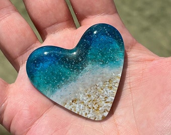 Coeur de plage en verre, coeur de poche, turquoise clair et coeur en verre turquoise