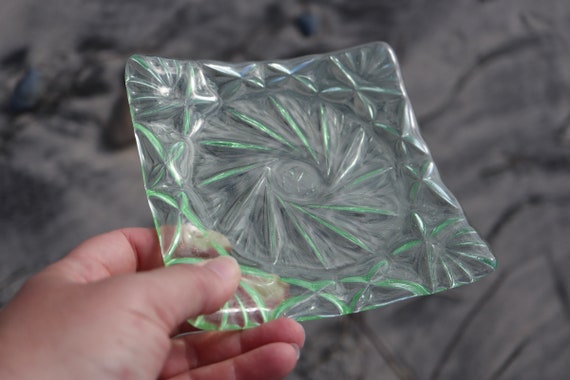 Geometric Spring Green Tint Glass Trinket Dish, Glass Catchall Dish, Green Glass Dish