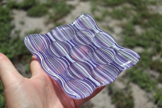 Purple Pinstripe "Optic" Fused Glass Dish, Purple Glass Dish, Striped Purple Dish