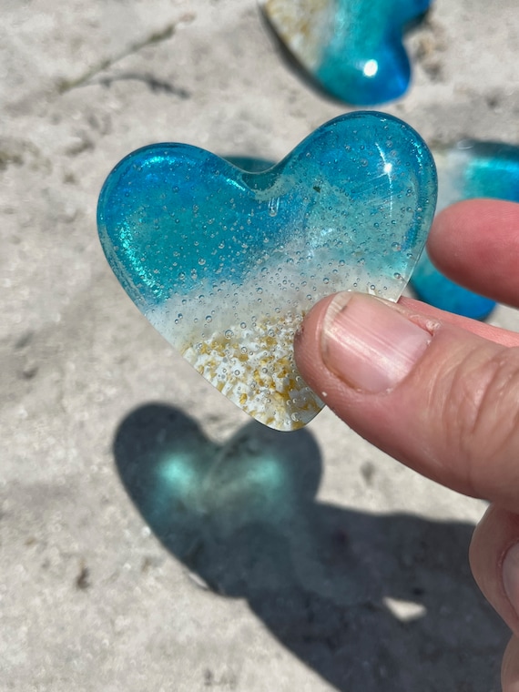 Glass Beach Pocket Heart, Glass Beach Heart, Beach Glass Heart Pocket Hug  Token Gift, Mini Heart Shaped Beach Decoration, Light Aqua and Turquoise