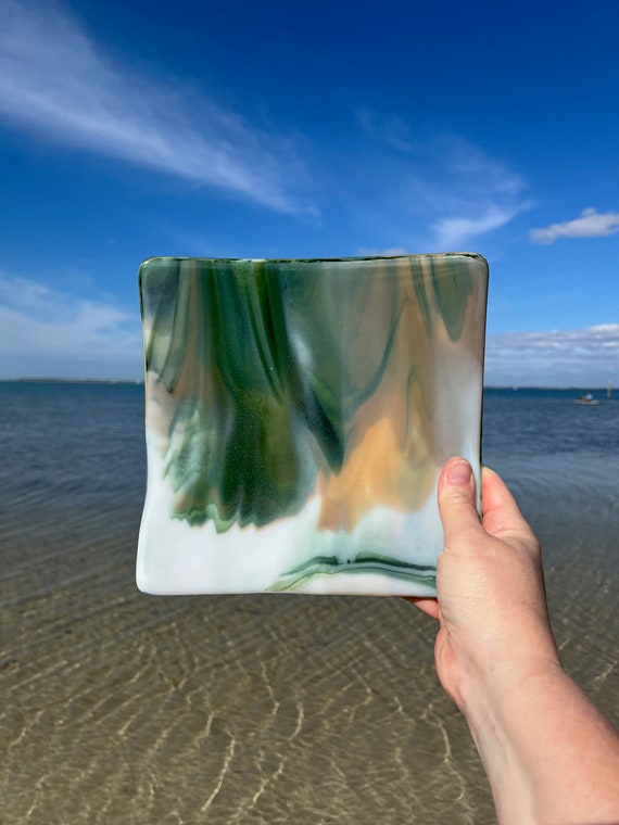 Forest Swirl Green, White and Gold Glass Dish, 8-inch fused glass square dish