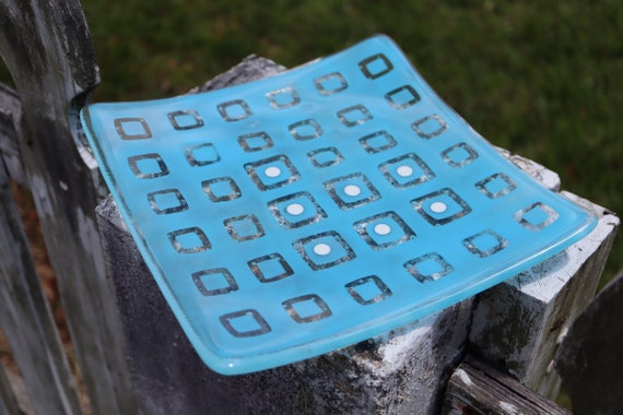 Cyan Blue and Clear "Squares on Squares" Patterned Glass Dish
