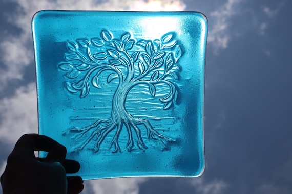 Large Turquoise Blue Transparent "Tree of Life" Square Glass Dish