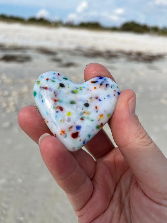 White Confetti Glass Heart, Fused Glass Pocket Heart