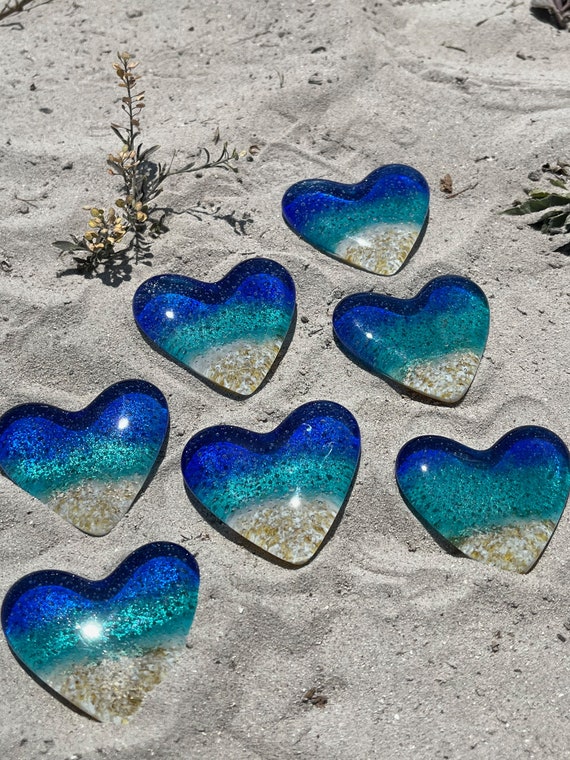 Glass Beach Heart, Pocket Heart, Light Aqua and True Blue Glass Heart