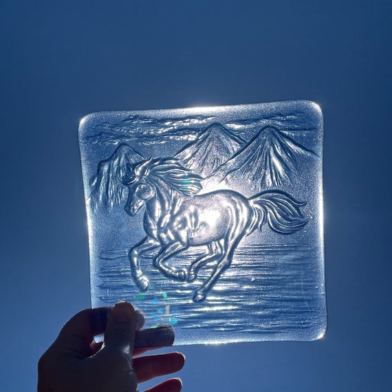 Horse and Mountain Scene Square Glass Dish - Light Transparent Blue Glass