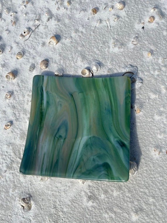 Forest Swirl Green, White and Gold Glass Dish, 8-inch fused glass square dish