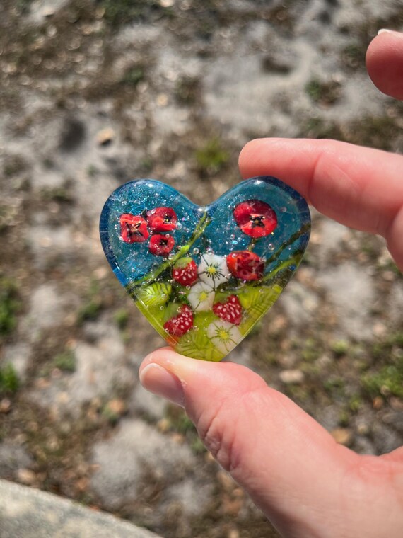 Poppy and Strawberry Garden Fused Glass Heart