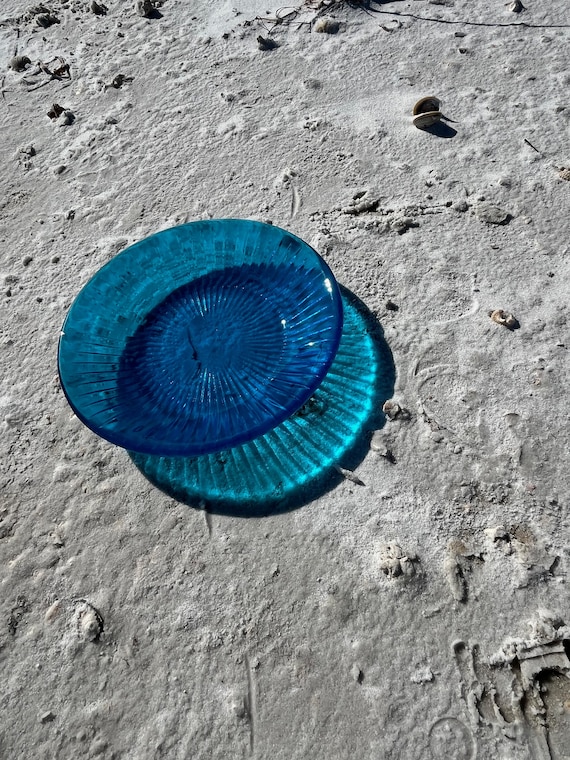 Turquoise Blue Glass Bowl with a Sunburst Texture Design