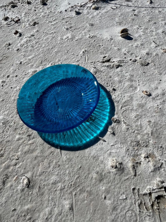 Turquoise Blue Glass Bowl with a Sunburst Texture Design