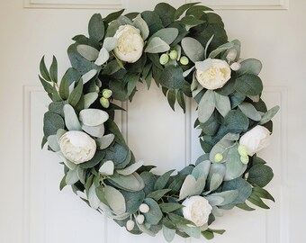 Eucalyptus lamb's ear wreath, year round wreath, eucalyptus with peonies, peonie wreath, everyday wreath, peonies with greenery wreath