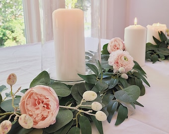 artificial eucalyptus garland,wedding Garland with peonies, wedding table greenery, table decor, mantel garland, wedding table decor,peonies