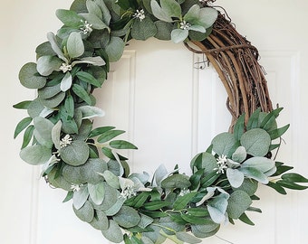 Lamb's Ear eucalyptus greenery wreath, year round wreath, soft artificial lamb's ear wreath,everyday wreath, housewarming wreath