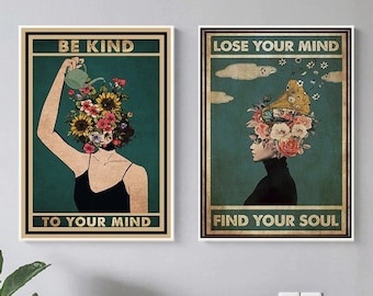 Mental Health Girl Be Kind To Your Mind Cotton Canvas Poster A4 Art Prints 