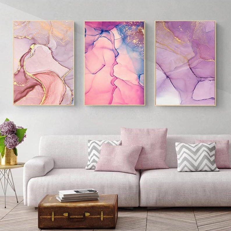 Living Room Gallery Wall Art Set of 3 Marble Effect Canvas | Etsy