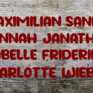 Puede incluir: Un letrero de madera con texto rojo que enumera los nombres Maximilian Sandy, Hannah Jonathan, Isabelle Friderike, Charlotte Wiebke.