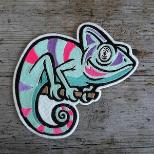 May include: A colorful embroidered patch of a chameleon with pink, purple, and blue accents. The chameleon is curled up on a branch.