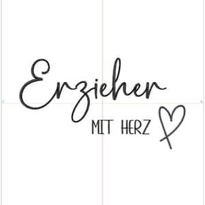 Könnte beinhalten: Schwarz-weiß Stickmuster mit dem Text "Erzieher mit Herz" und einem Herzsymbol.