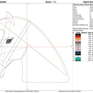 May include: A line drawing of a horse's head with a halter, with a colour chart and embroidery details. The chart shows 14 different colours and their corresponding thread names. The embroidery details include the stitch count, colour changes, and thread trims. The image is labelled "Stickmuster:Pferd Blesse+Halfter.DST" and "Hatch Embroidery Digitizer".