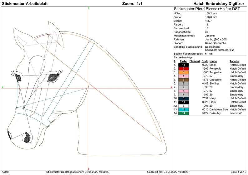 May include: A line drawing of a horse's head with a halter, with a colour chart and embroidery details. The chart shows 14 different colours and their corresponding thread names. The embroidery details include the stitch count, colour changes, and thread trims. The image is labelled "Stickmuster:Pferd Blesse+Halfter.DST" and "Hatch Embroidery Digitizer".