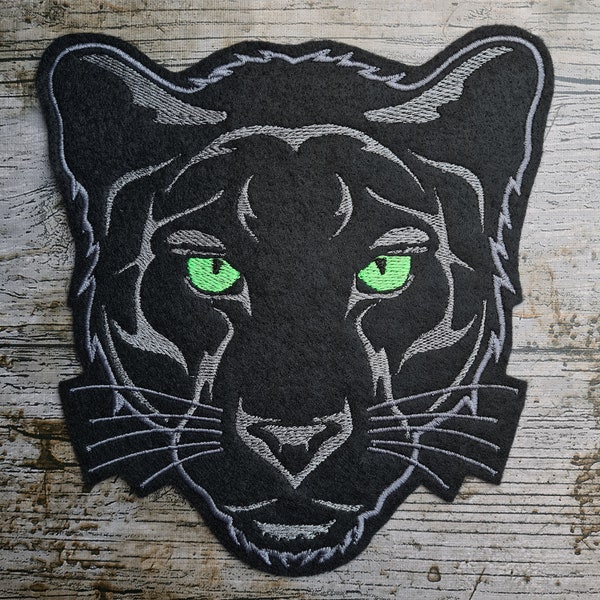 Panther head grey, neon green eyes, patch, application