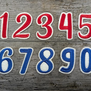 May include: Red and blue felt numbers 1 through 10. The numbers 1 through 5 are red with white outlines. The numbers 6 through 10 are blue with white outlines.