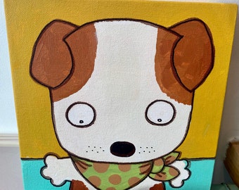 Perro de orejas marrones sobre lienzo, pintura acrílica, regalo para los amantes de los perros. Sólo uno a la venta.