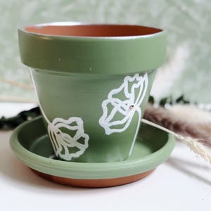 Minimalist Green Flower Hand-Painted Terracotta Planter Pot