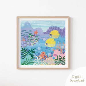 Ilustración bajo el mar Arte de pared imprimible, lindas impresiones de guardería, decoración de pared de la habitación del bebé de la vida marina, cartel de la habitación de los niños de verano