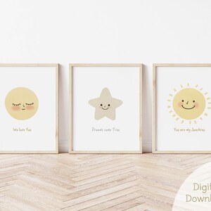 Conjunto de arte de parede de berçário de sol, lua, estrela, conjunto de 3 para berçário, decoração fofa de quarto de bebê, pôster de arte de parede para impressão de lua cheia, DOWNLOAD DIGITAL