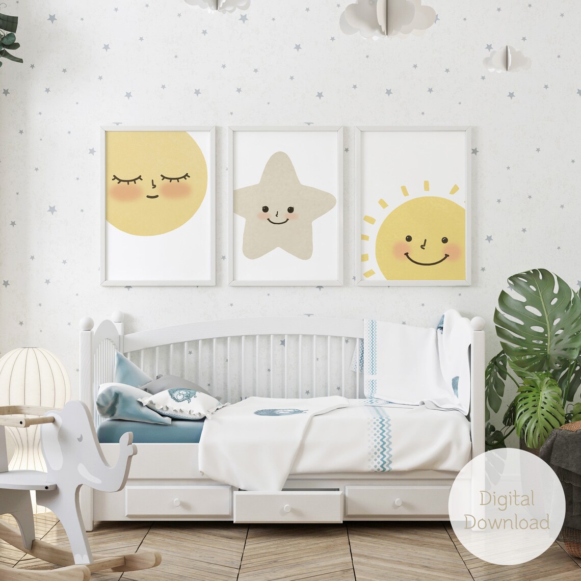 Sun, Moon, Star Nursery Wall Art Set / Nursery Set of 3 / Cute Baby
